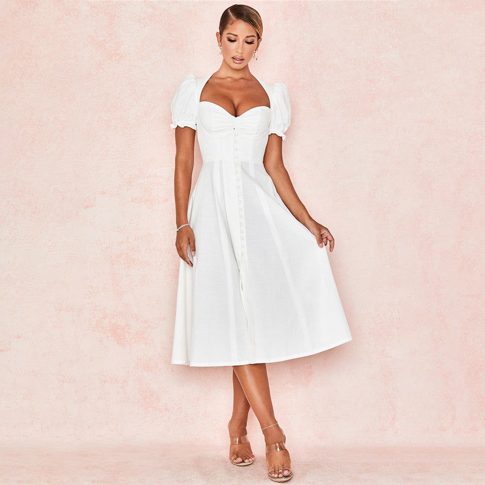 Pretty First Impression Puff Sleeve Pleated Buttons Midi Dress - Image 6