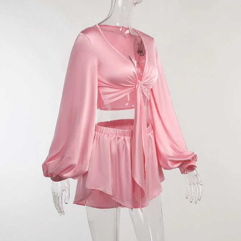 Pretty In Pink Satin Tie Up Crop Top & Shorts Set - Image 5