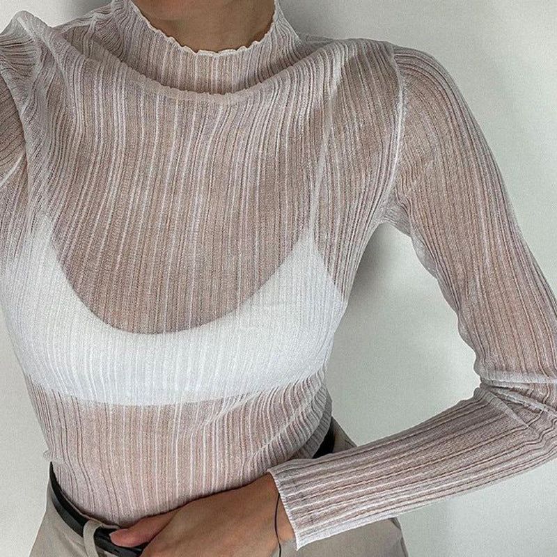 Pretty Snowflake Sheer Mesh Mock Neck Frill Hem Top - Image 3