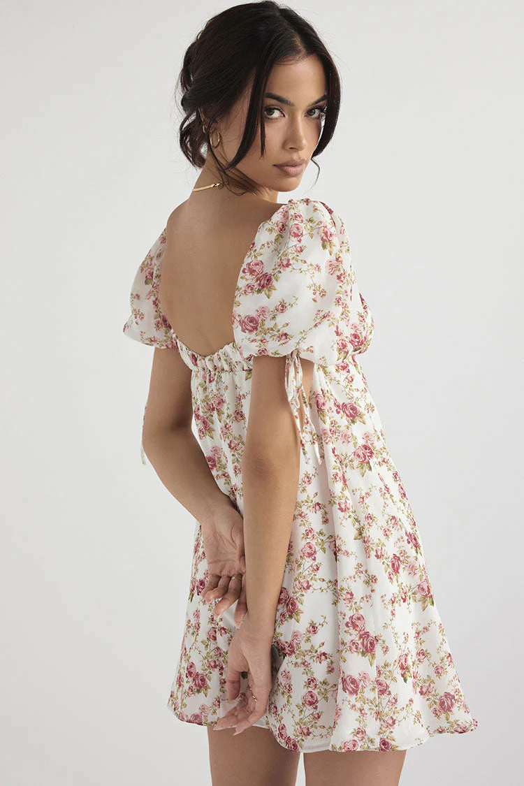 Pretty Tie Strap Puff Sleeve Printed Babydoll Mini Sundress - Floral - Image 4
