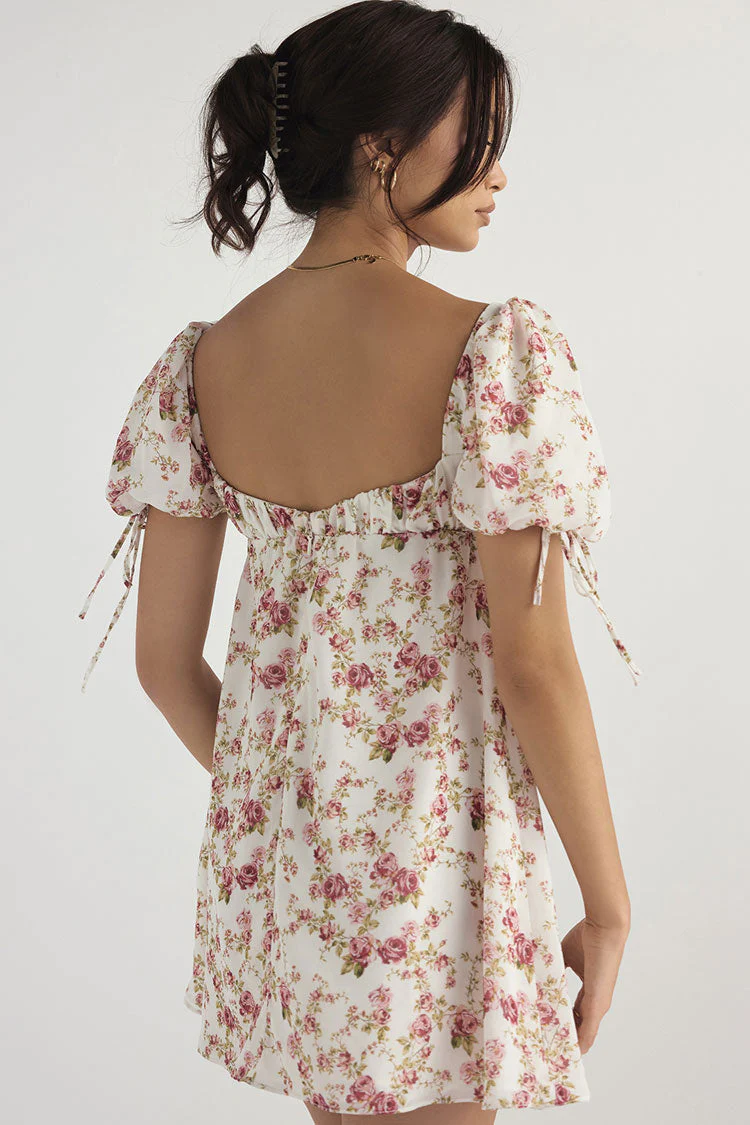 Pretty Tie Strap Puff Sleeve Printed Babydoll Mini Sundress - Floral - Image 5