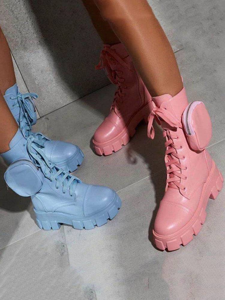 PU Lace-Up Chunky Heel Boots - Image 11