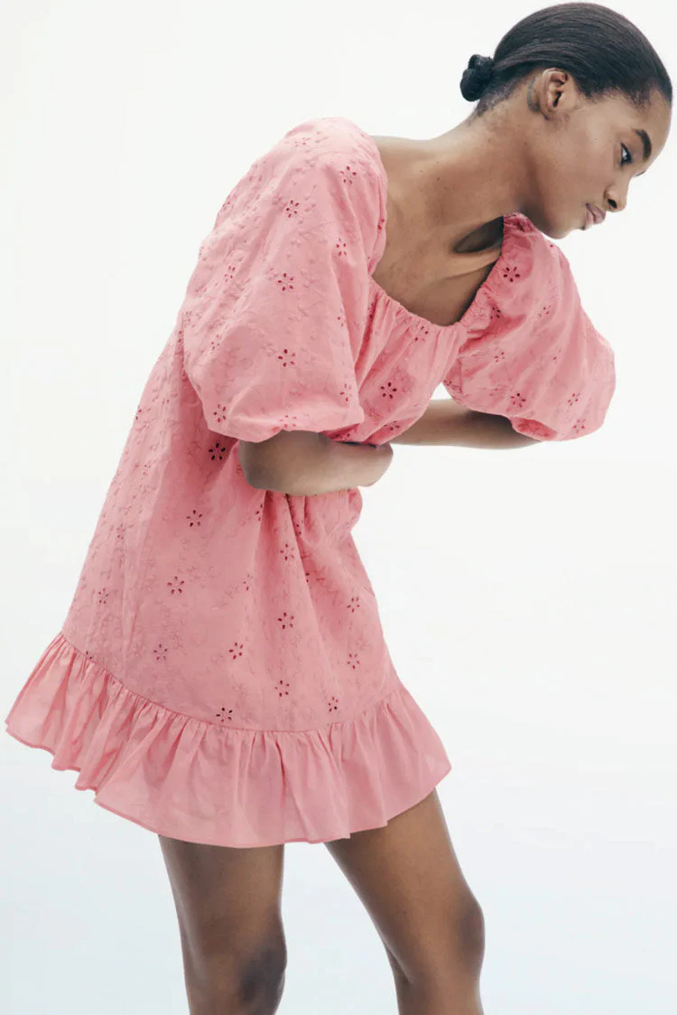 Puff Sleeve Broderie Anglaise Ruffle Mini Smock Dress - Pink - Image 3