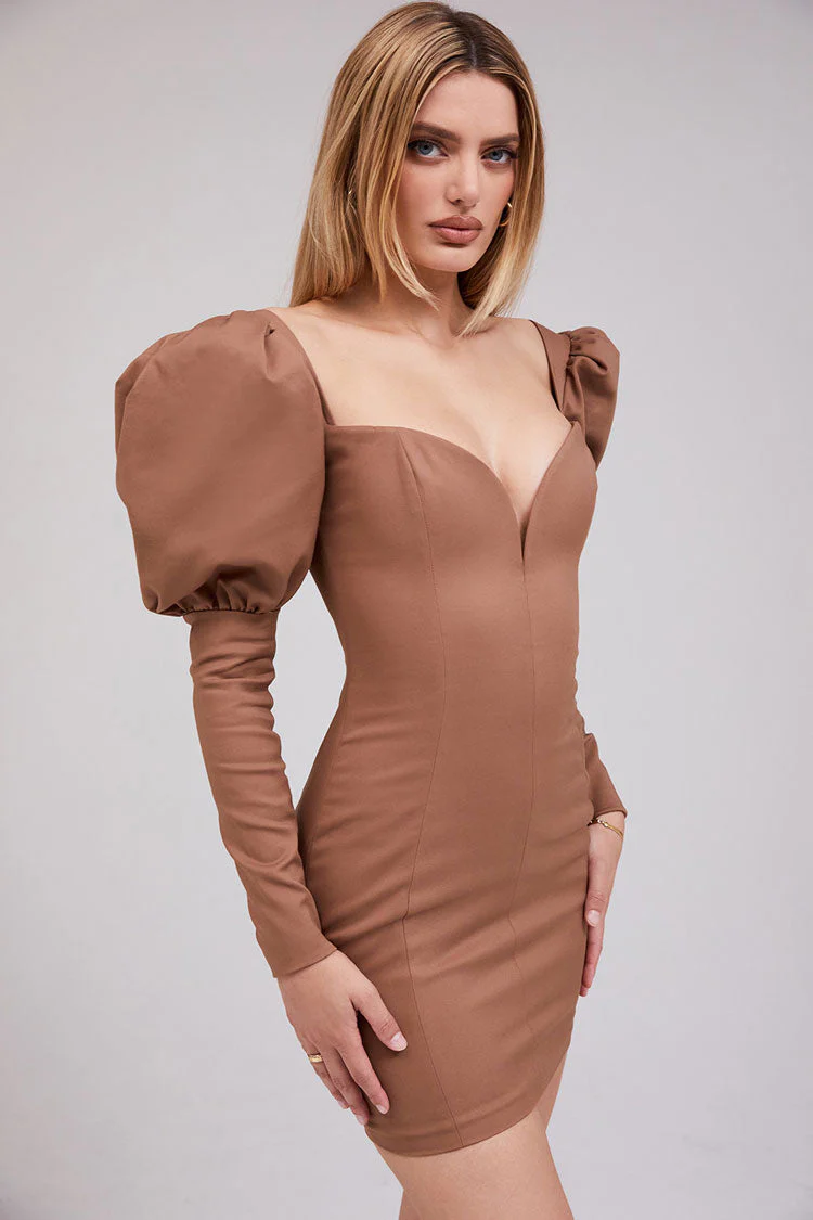 Puff Sleeve Deep V Bodycon Cocktail Party Mini Dress - Coffee - Image 3