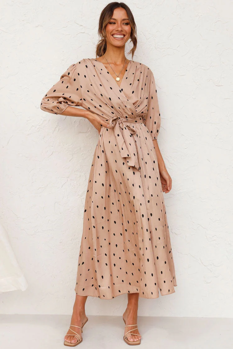 Puff Sleeve Dotted V Neck French Wrap Midi Dress - Khaki - Image 3
