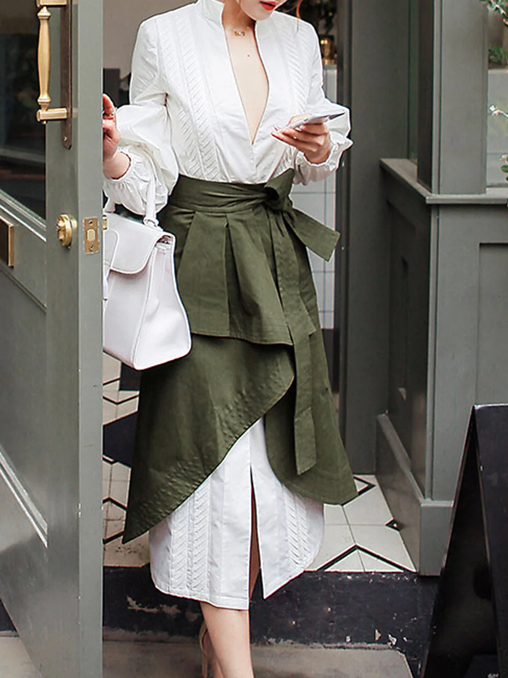 Puff-Sleeved Dress & High-Waist Lace-Up Ruched Irregular Skirt - Image 7