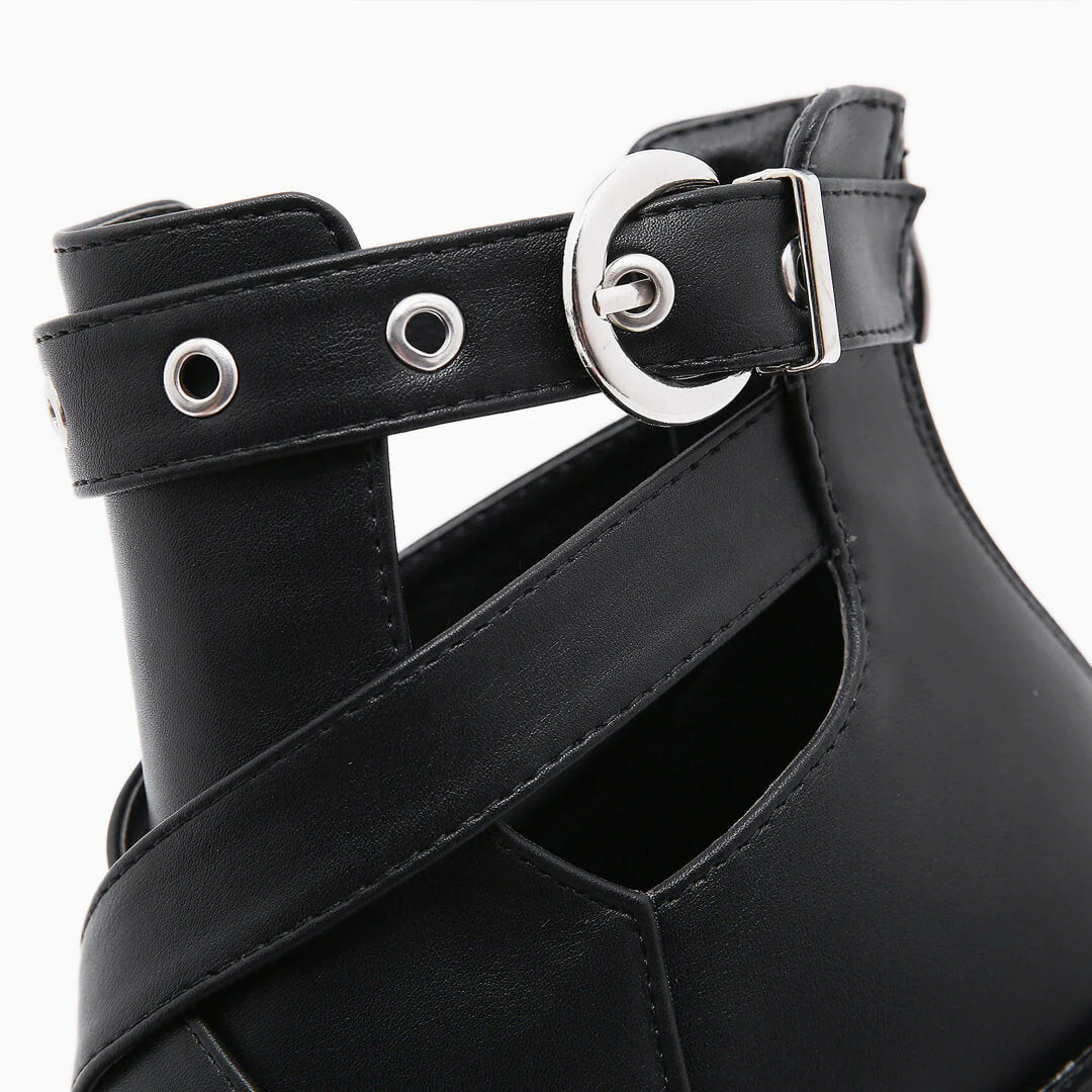 Cutout Chain Trim Chunky Heel Platform Boots - Black - Image 4