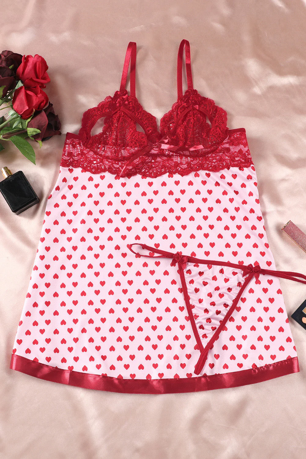 Red Heart Shape Print Lace Crochet Babydoll Set - Image 5