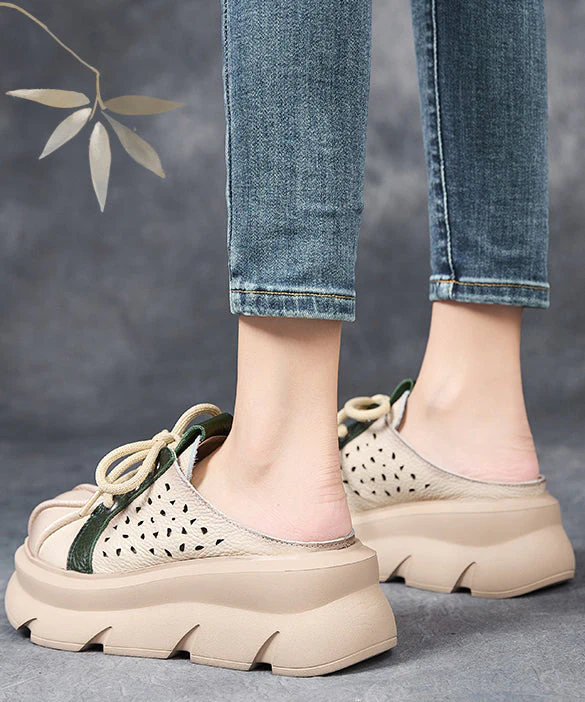 Red Hollow Out Lace Up Splicing Platform Slide Sandals - Image 4