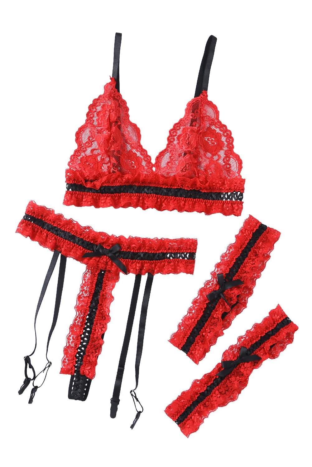 Red Sheer Lace Contrast Black Trim Lingerie Set - Image 17