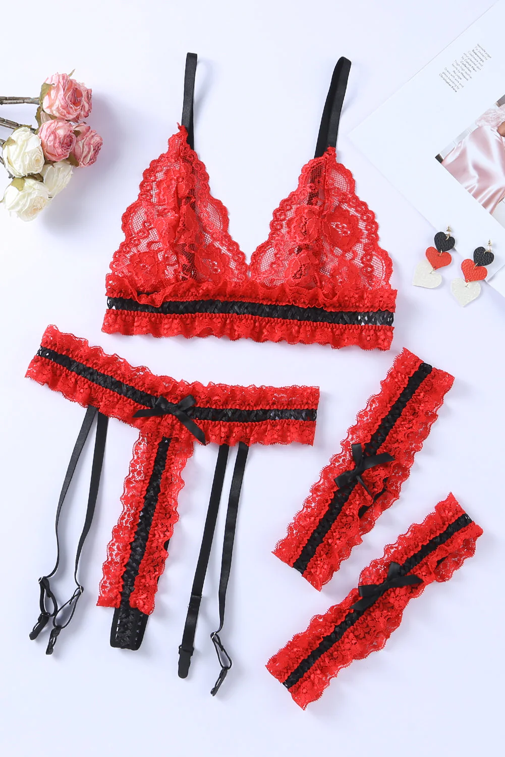 Red Sheer Lace Contrast Black Trim Lingerie Set - Image 7