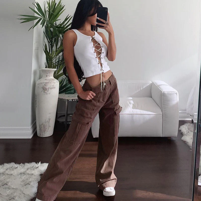 Flap Pocket Mid Waist Straight Leg Jeans - Coffee - Image 2