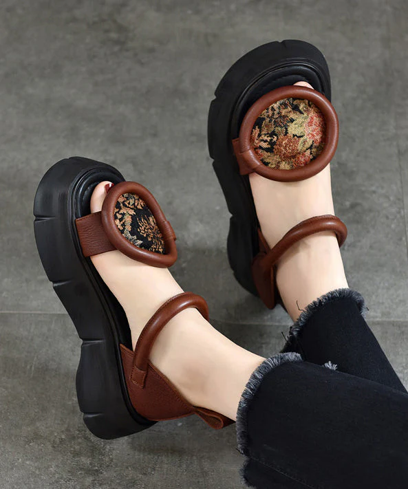 Retro Chocolate Platform Cowhide Leather Fitted Splicing Sandals - Image 3