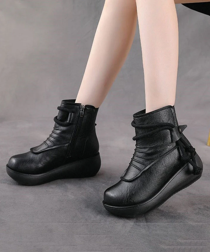 Retro Comfy Splicing Wedge Boots Brown Faux Leather - Image 2