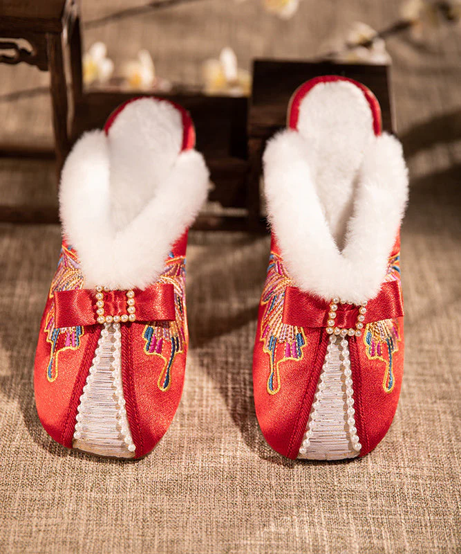 Retro Embroidery Chunky Slippers Shoes White Satin Fuzzy Wool Lined - Image 2