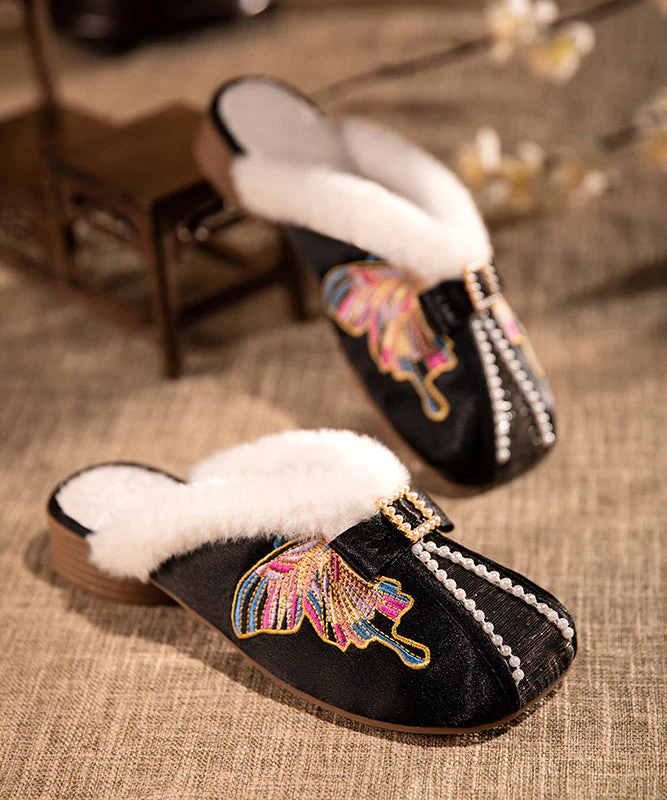 Retro Embroidery Chunky Slippers Shoes White Satin Fuzzy Wool Lined - Image 3