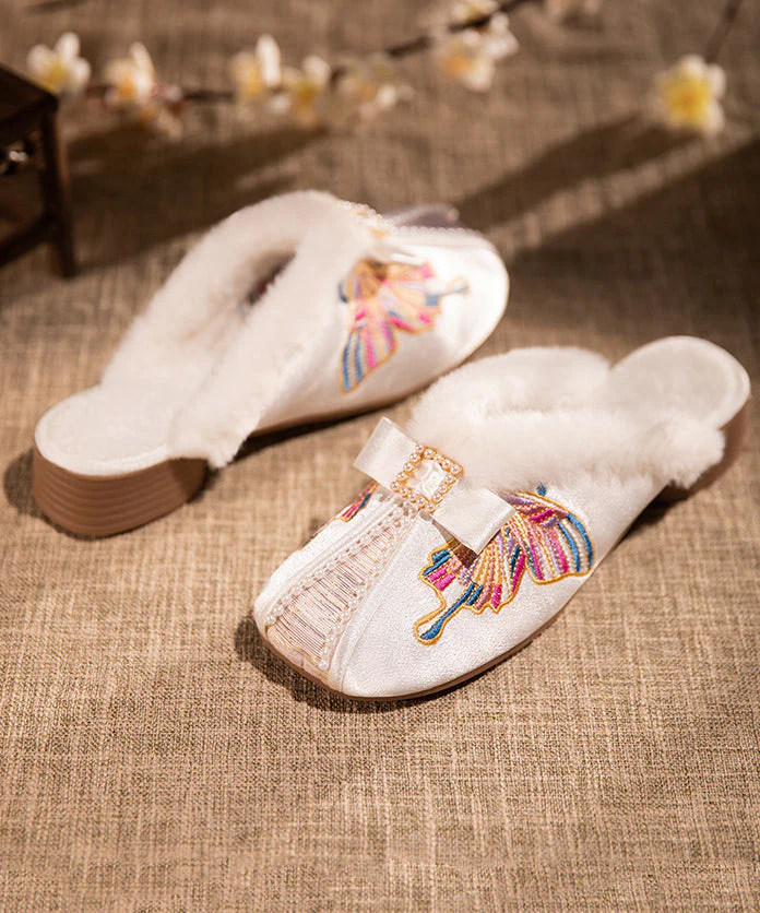 Retro Embroidery Chunky Slippers Shoes White Satin Fuzzy Wool Lined - Image 4