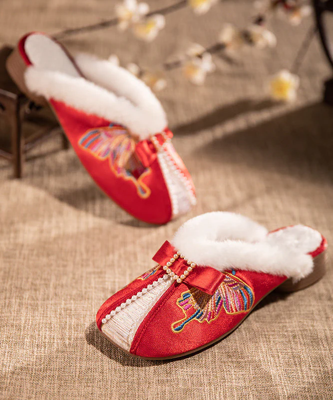 Retro Embroidery Chunky Slippers Shoes White Satin Fuzzy Wool Lined - Image 5