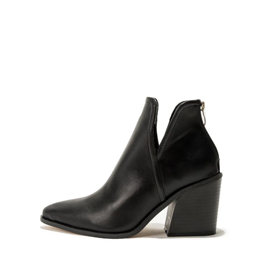 Retro Pointed Toe Notch Chunky Heel Ankle Boots - Black - Image 4