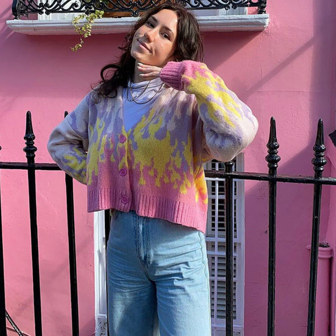 Retro Flame Print V Neck Button Up Long Sleeve Cropped Cardigan - Pink - Image 3