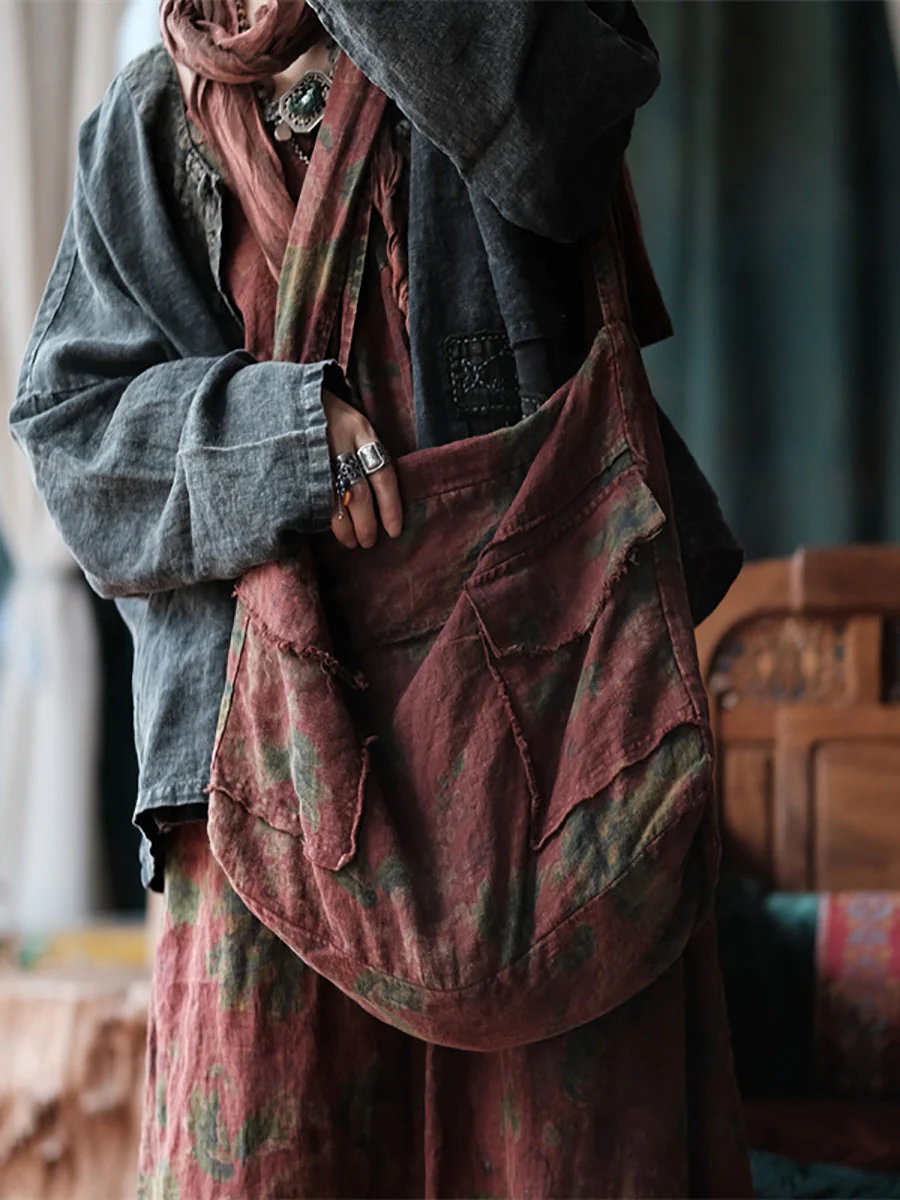 Retro Floral Spliced Linen Shoulder Bag - Image 4
