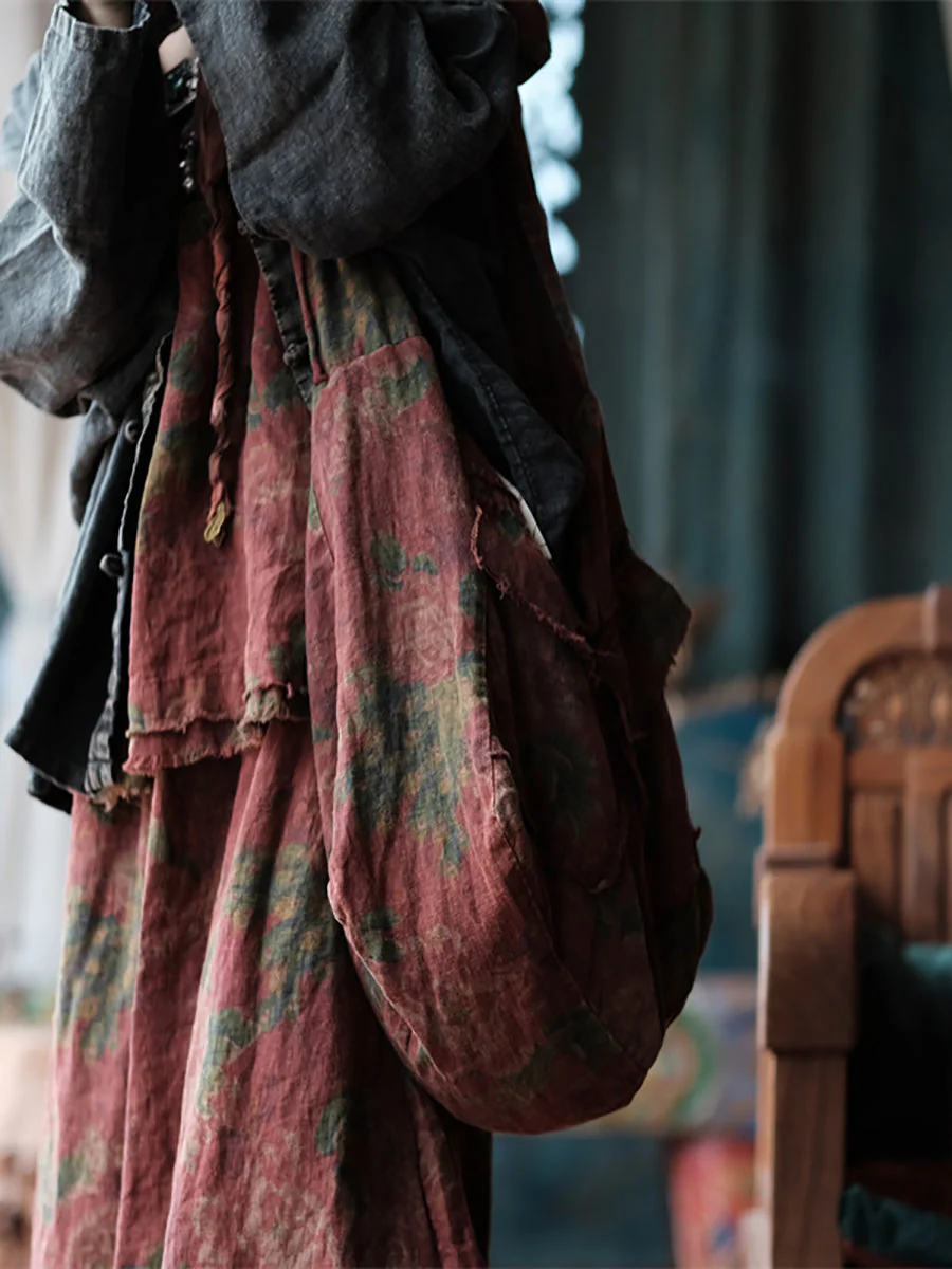 Retro Floral Spliced Linen Shoulder Bag - Image 7