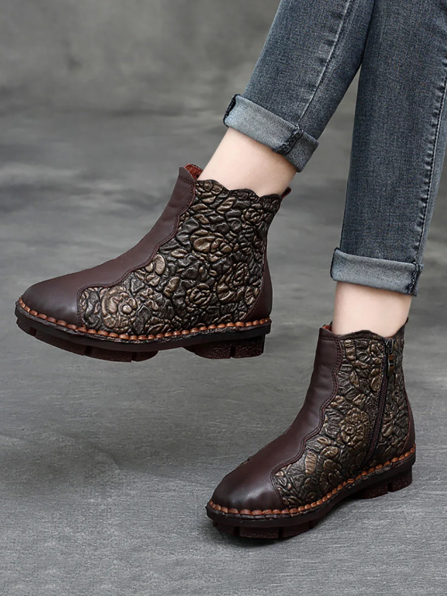 Retro Flower Leather Spliced Zipper Low Heel Boots - Image 2