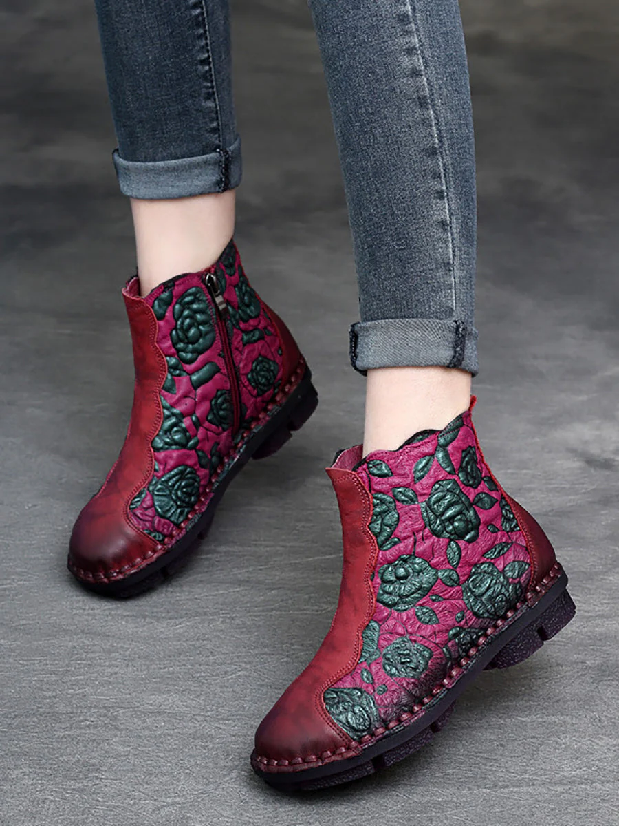 Retro Flower Leather Spliced Zipper Low Heel Boots - Image 7