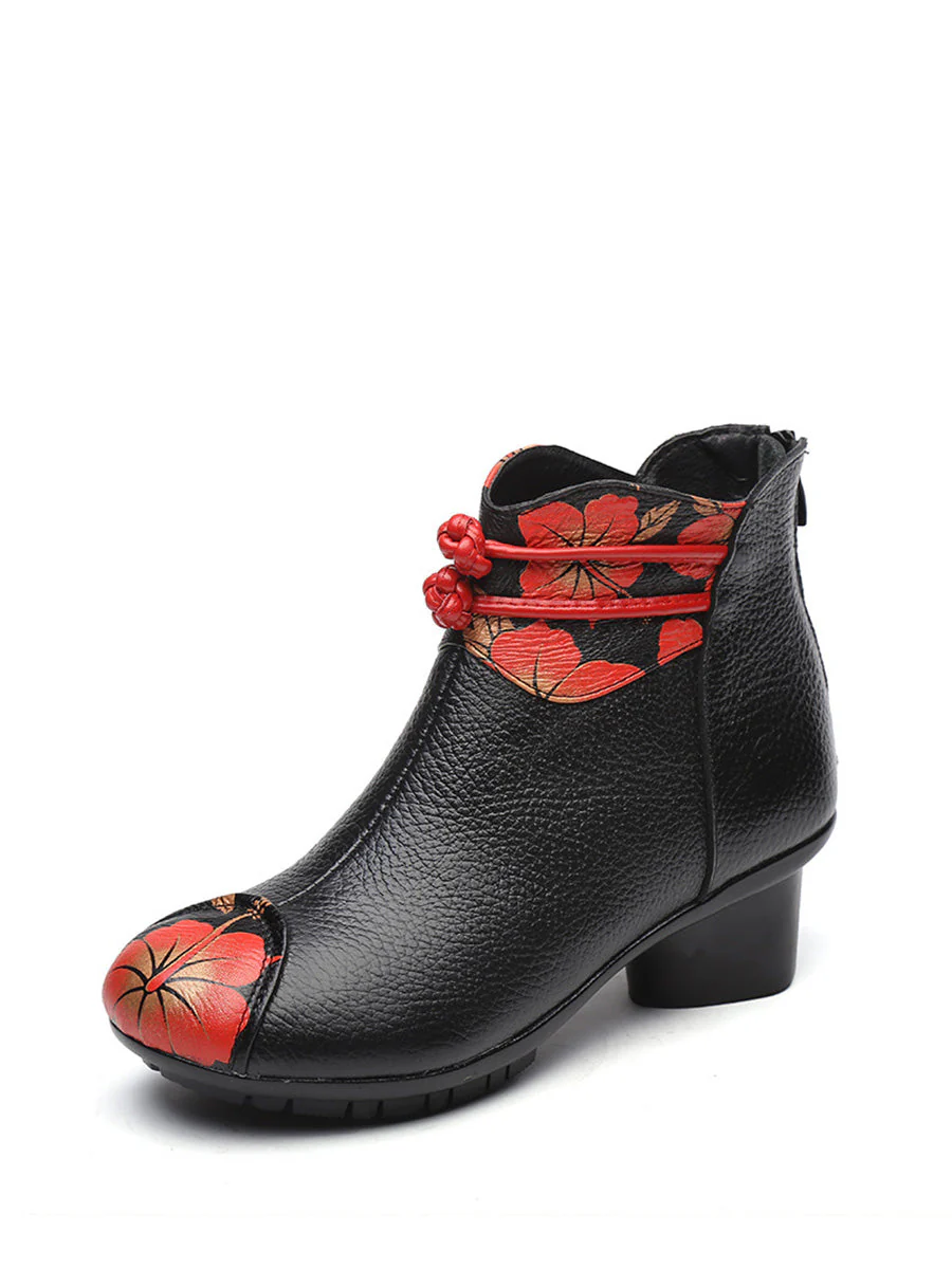 Retro Genuine Leather Flower Spliced Chunky Heel Boots - Image 8