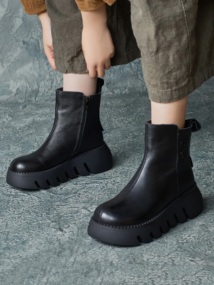 Retro Genuine Leather Platform Boots - Image 2