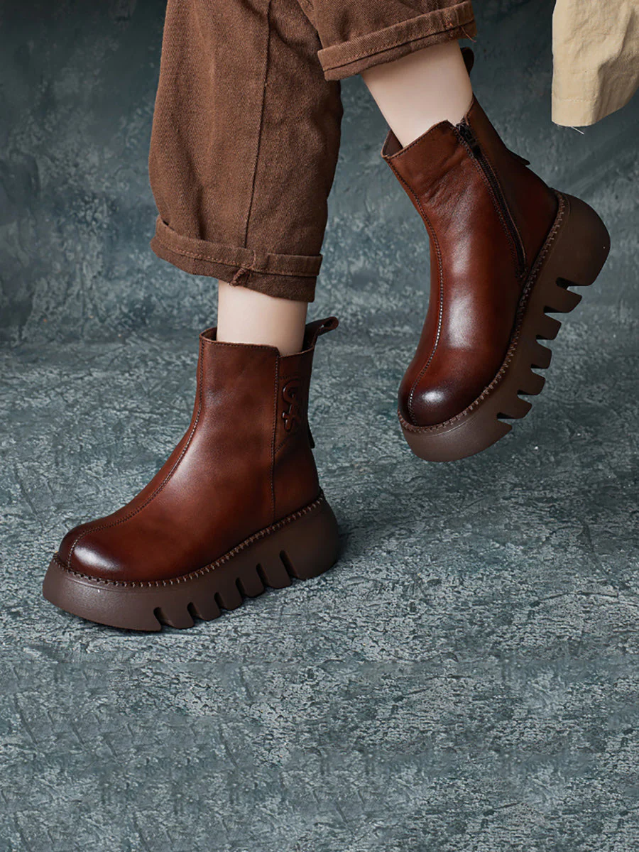 Retro Genuine Leather Platform Boots - Image 3