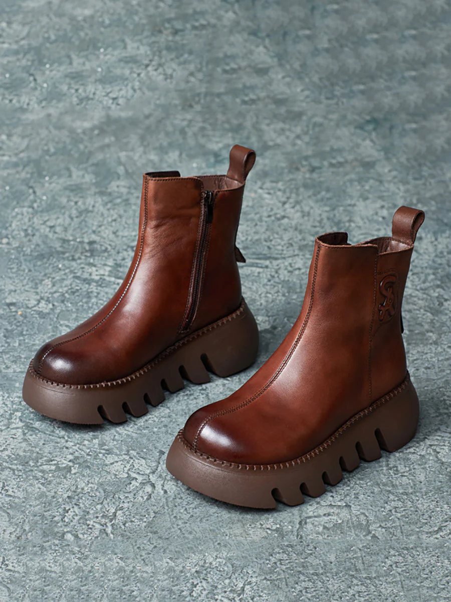 Retro Genuine Leather Platform Boots - Image 5