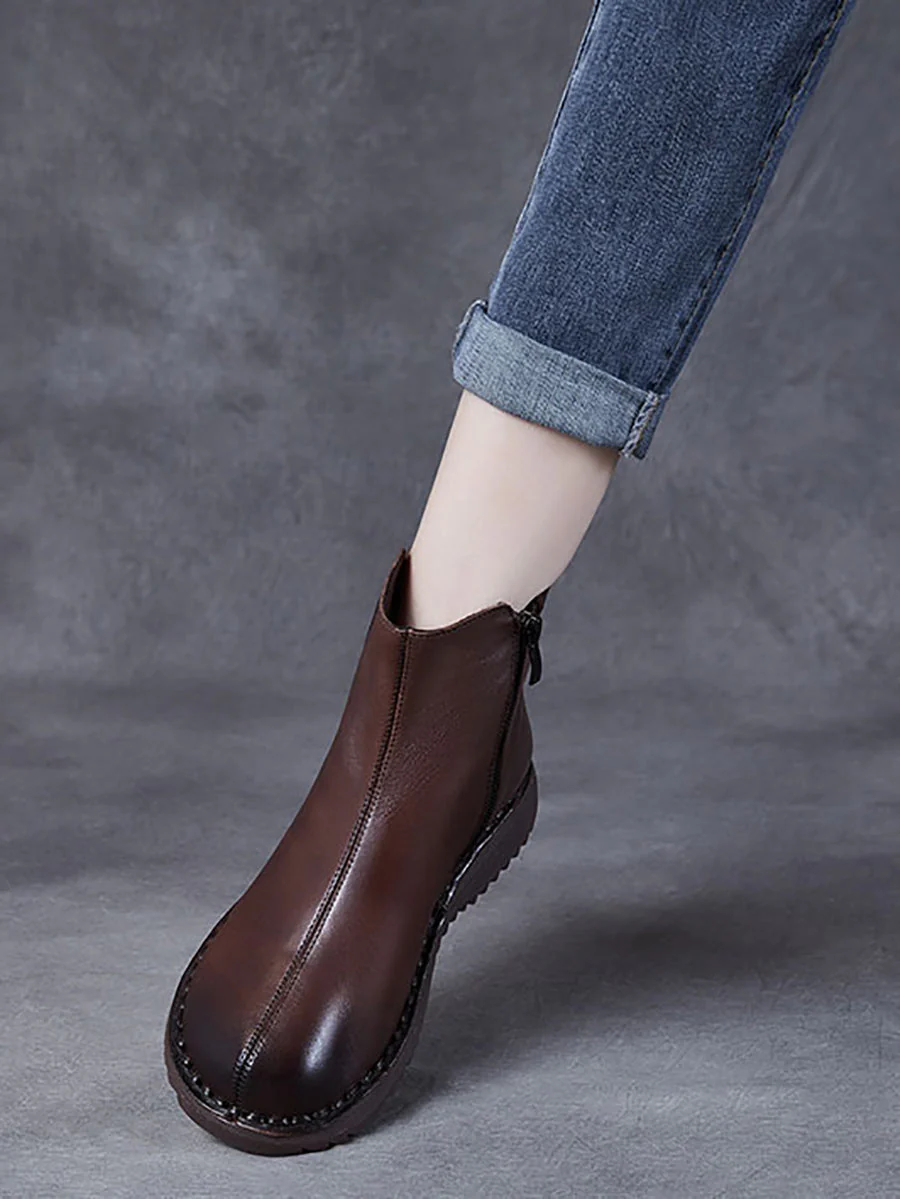 Retro Genuine Leather Zippper Mid-Heel Boots - Image 5