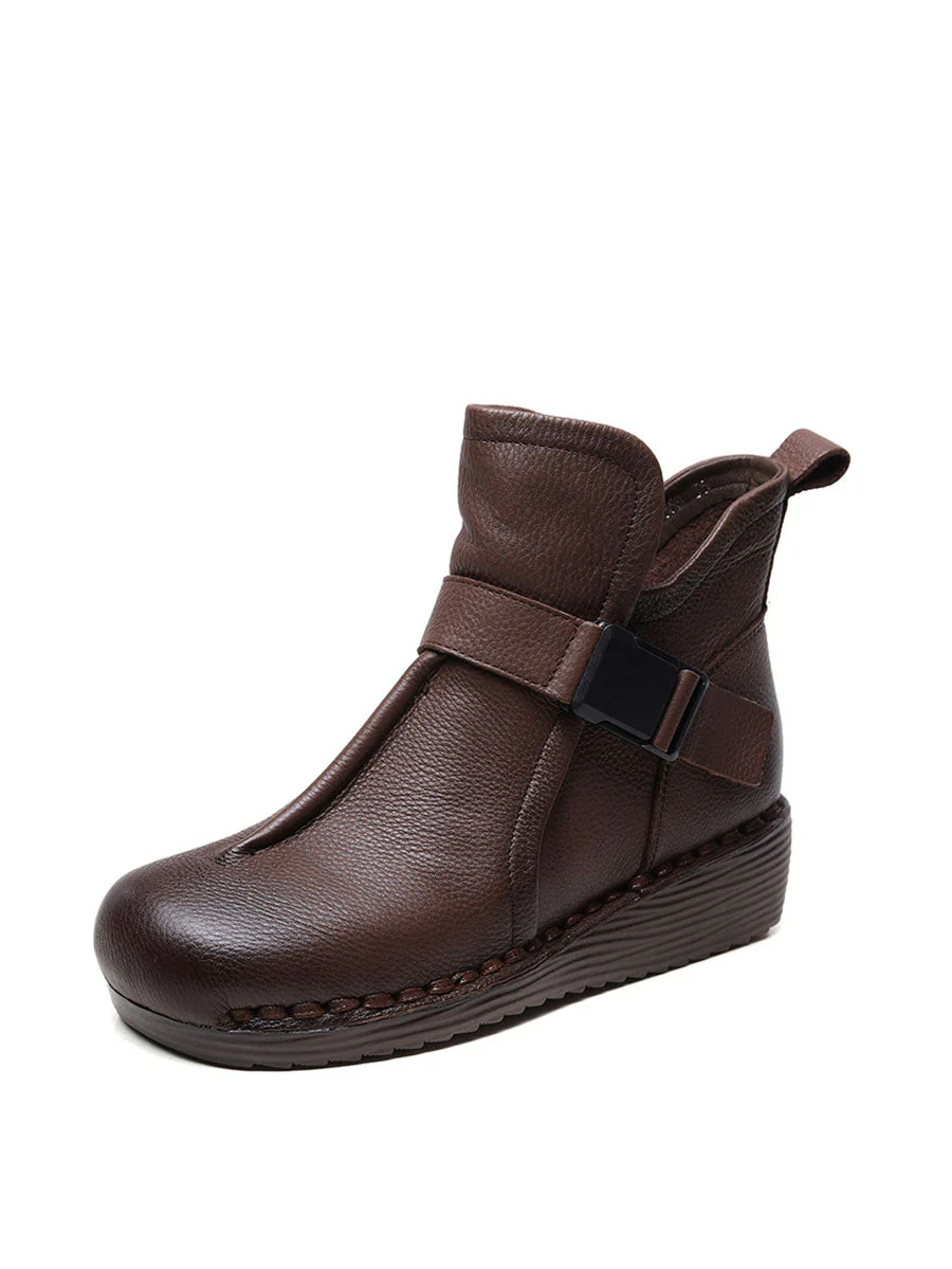 Retro Leather Spliced Mid Heel Ankle Boots - Image 10