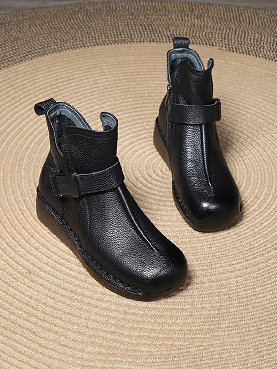 Retro Leather Spliced Mid Heel Ankle Boots - Image 5