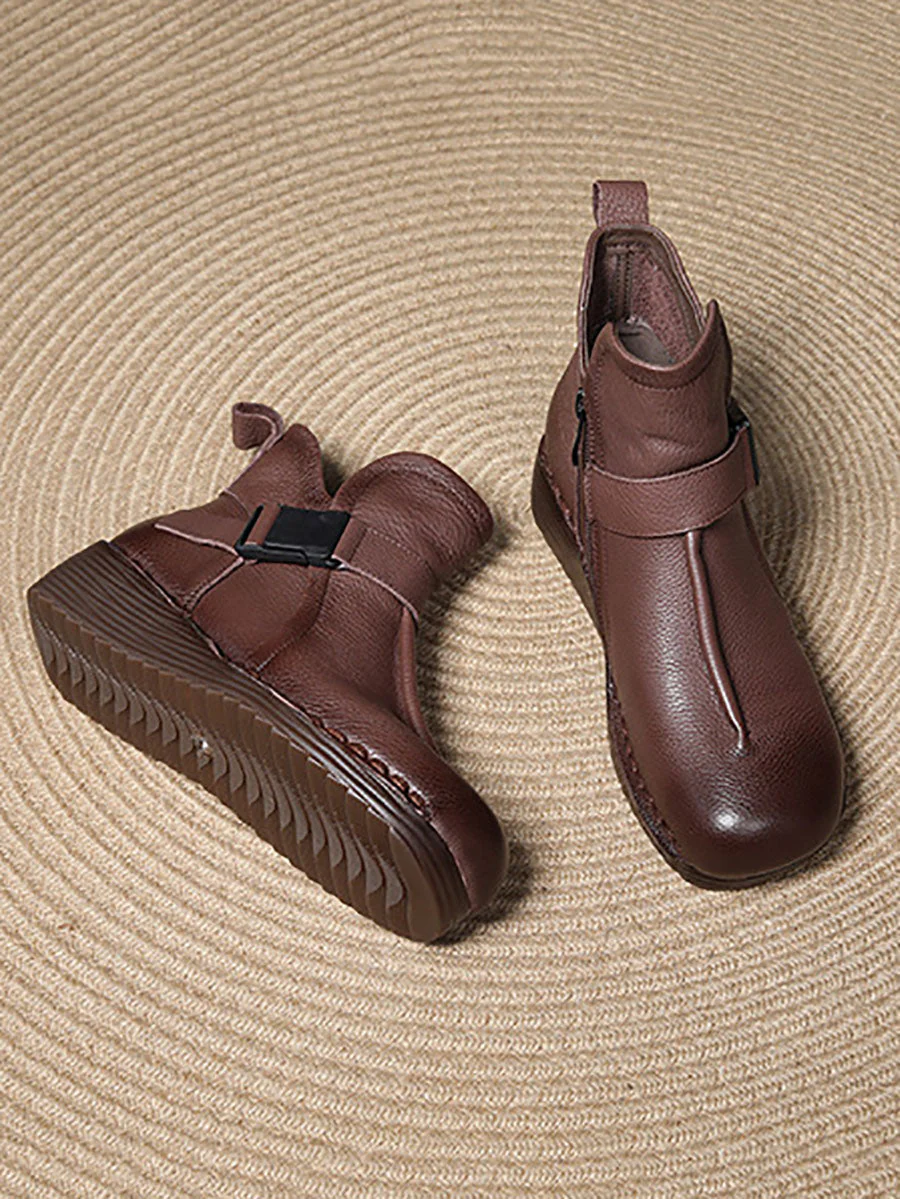 Retro Leather Spliced Mid Heel Ankle Boots - Image 6