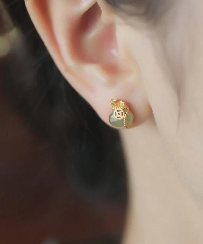Retro Light Green Sterling Silver Overgild Jade Blessing Bag Stud Earrings TX035 - Image 3