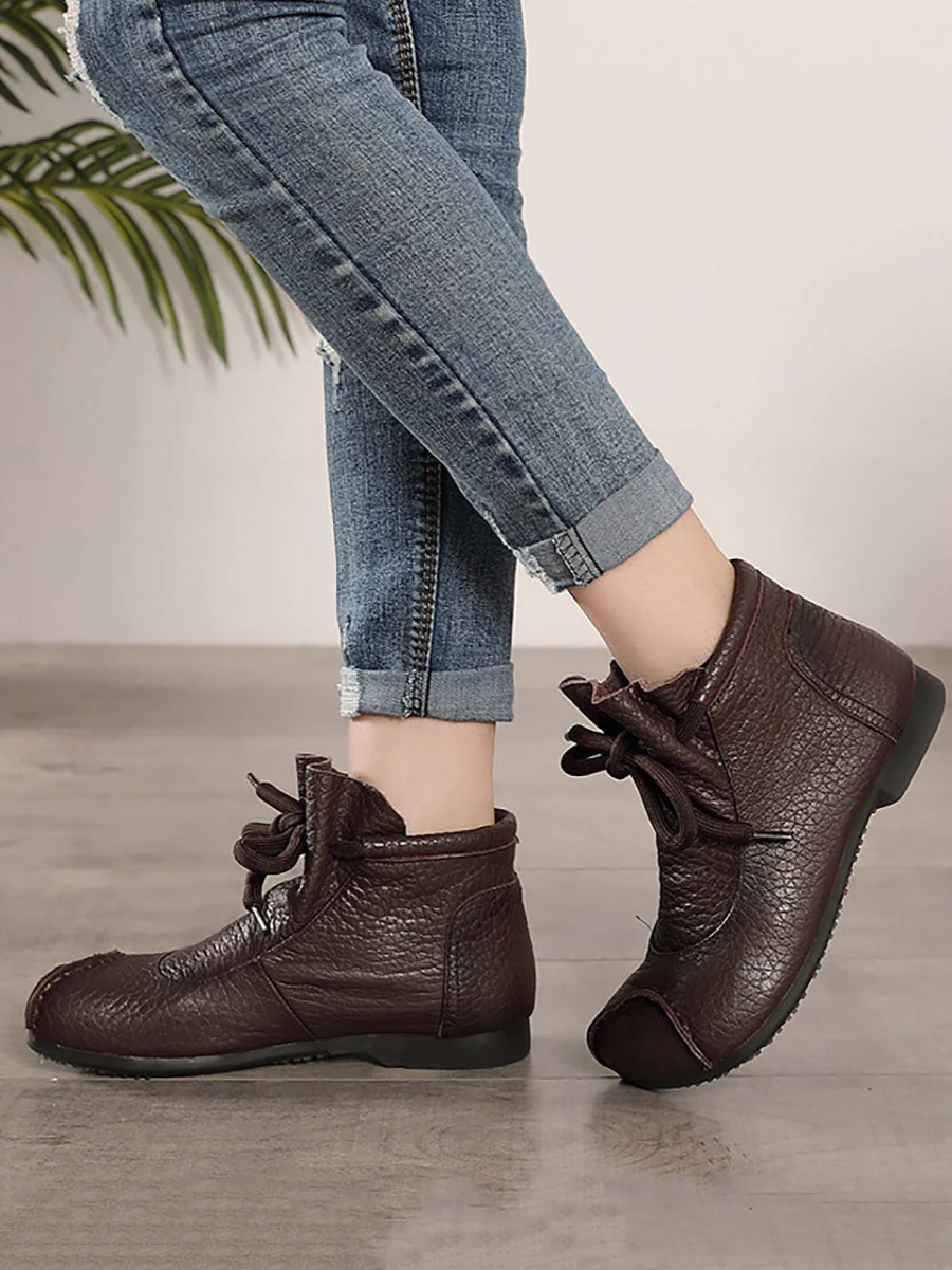 Retro Soft Leather Spliced Strap Low Heel Boots - Image 3