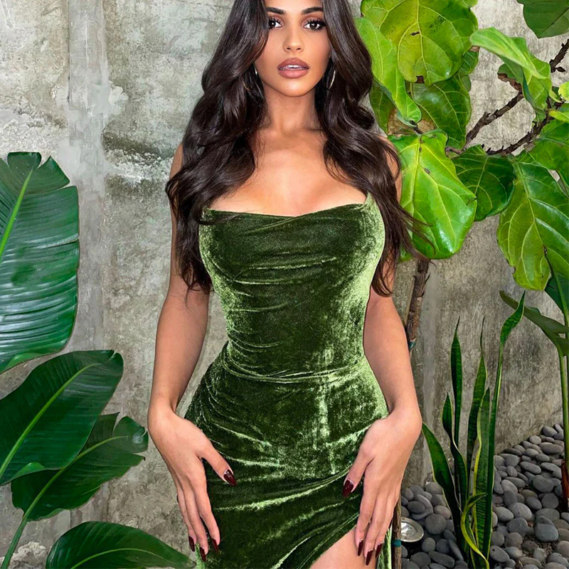 Retro Sweetheart Strapless Velvet Cocktail Party Midi Dress - Green - Image 3