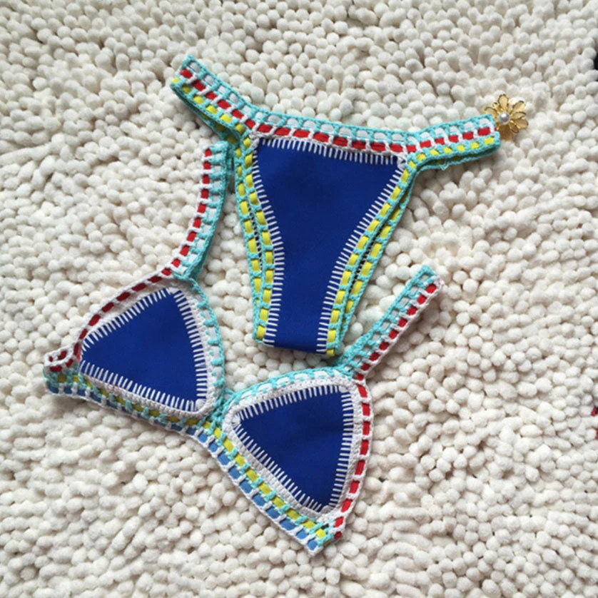 Reversible Neoprene Crochet Banded Triangle Bikini Set - Blue - Image 3
