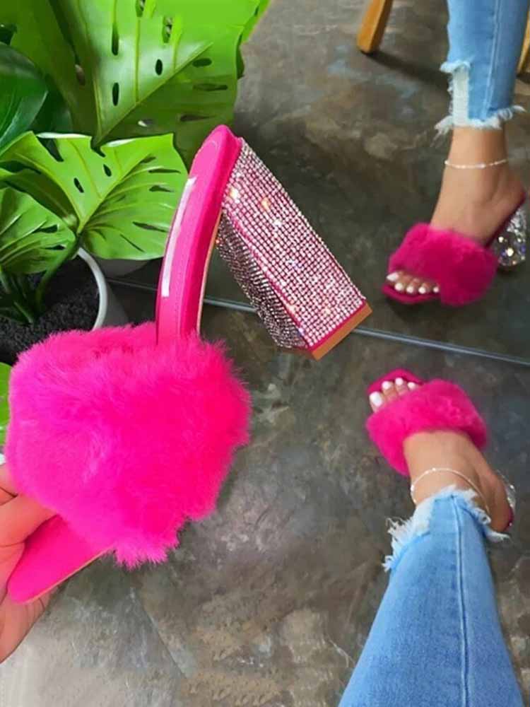 Rhinestone Chunky Heel Furry Sandal - Image 9