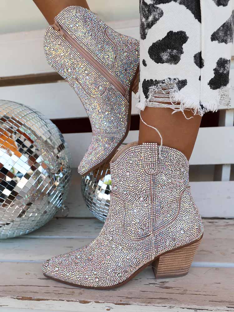Rhinestone Decor Chunky Heel Boots - Image 2