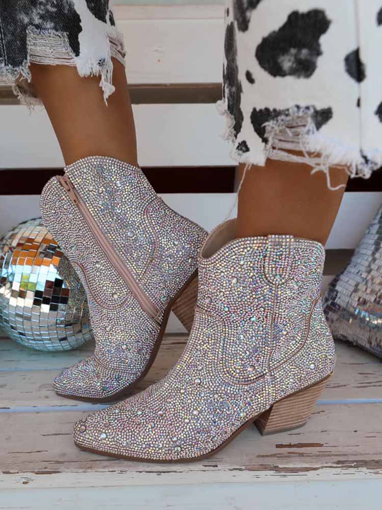 Rhinestone Decor Chunky Heel Boots - Image 3