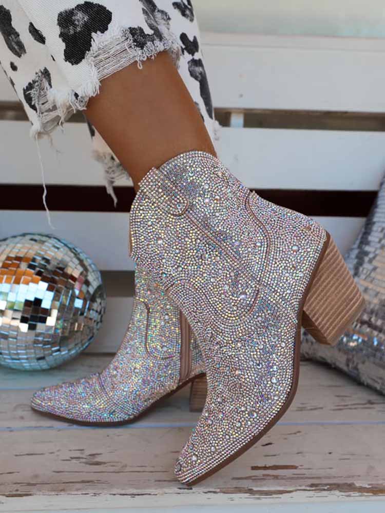 Rhinestone Decor Chunky Heel Boots - Image 4