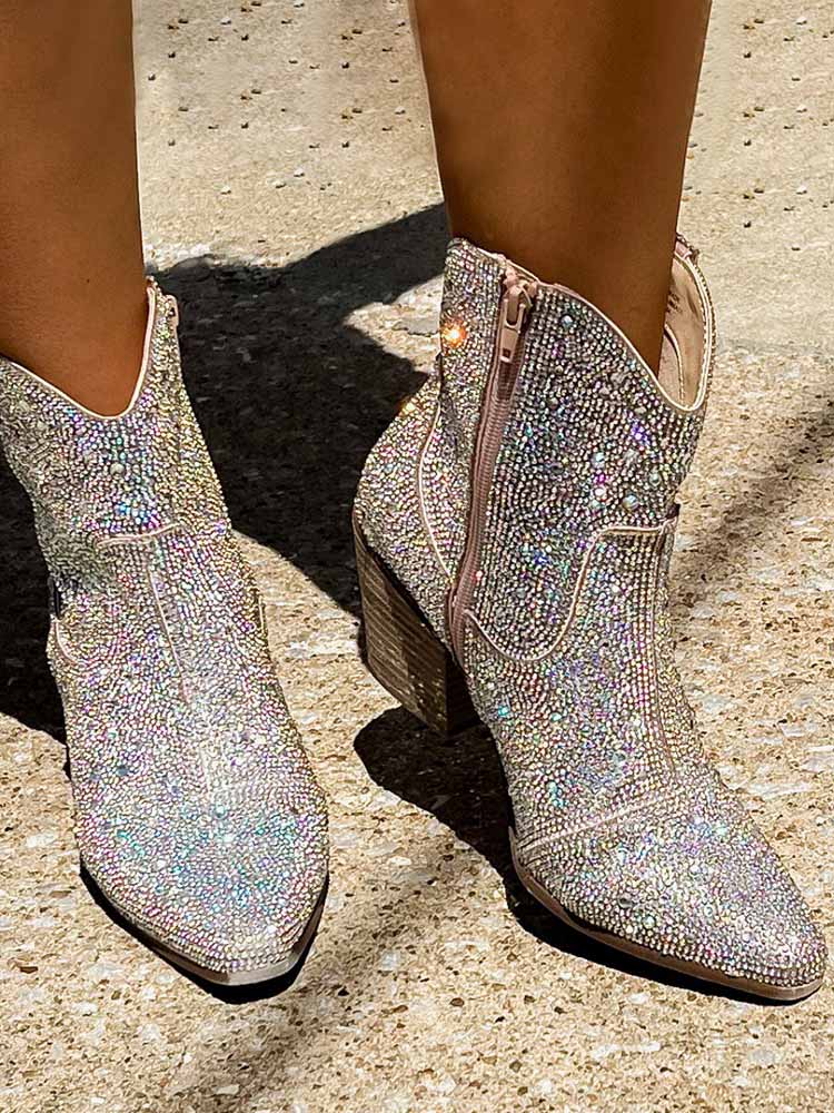 Rhinestone Decor Chunky Heel Boots - Image 5