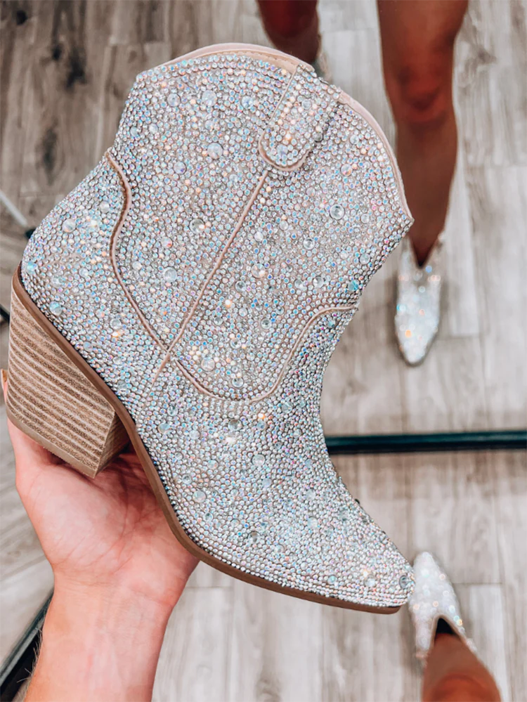 Rhinestone Decor Chunky Heel Boots - Image 6