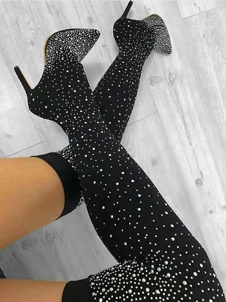 Rhinestone Decor Thigh High Boots - Image 2
