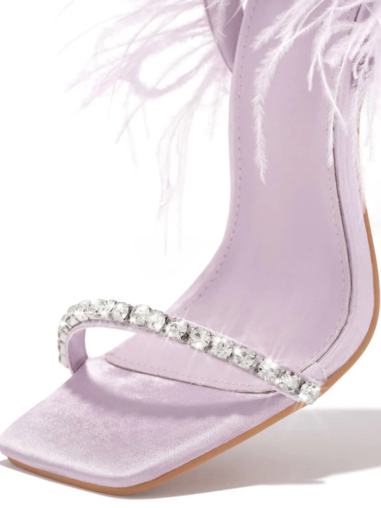 Rhinestone Feather Lace-up Square Toe Sandals - Image 6