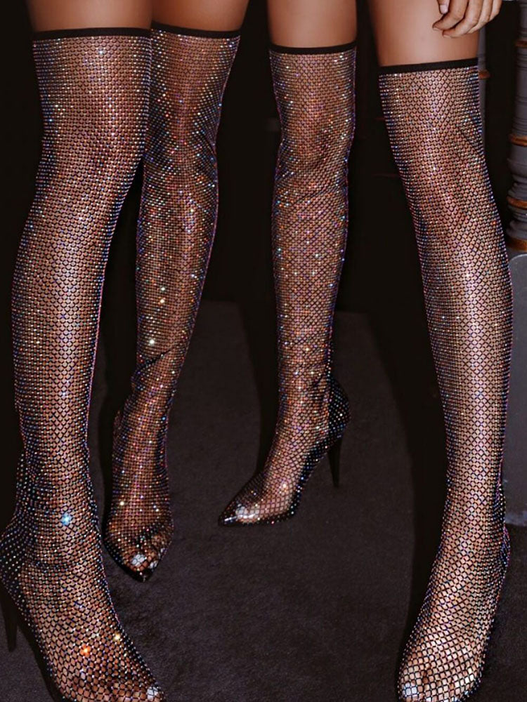 Rhinestone Fishnet Heels Boots - Image 13