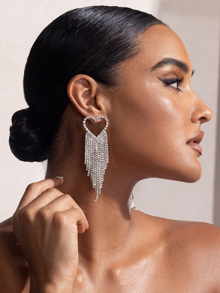 Rhinestone Heart Tassel Drop Earrings - Image 2